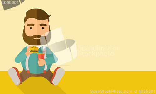 Image of Fat man sitting while eating.  