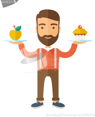 Image of Man carries with his two hands cupcake and apple.