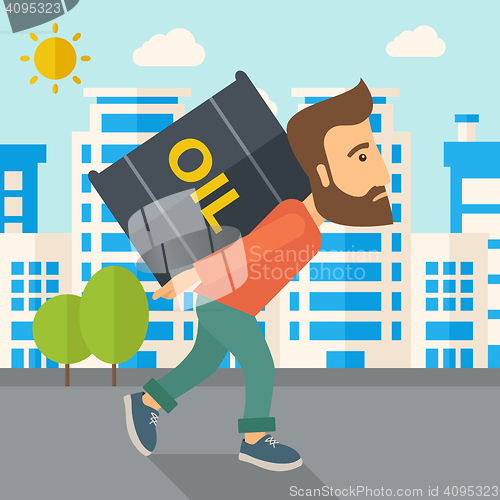 Image of Businessman carrying barrel of oil. 