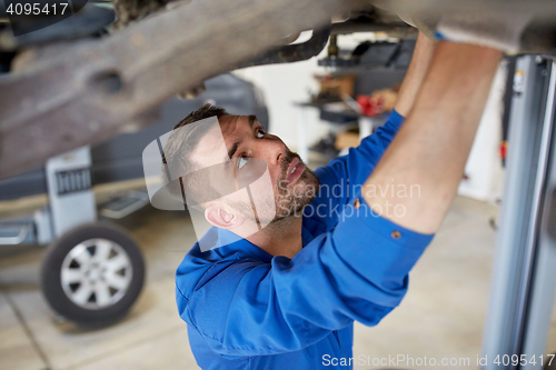 Image of mechanic man or smith repairing car at workshop