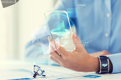 Image of close up of woman with transparent smartphone