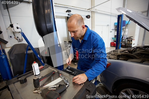 Image of mechanic man with wrench repairing car at workshop