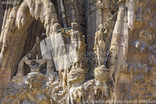 Image of Details of facade of Basilica Sagrada Familia in Barcelona