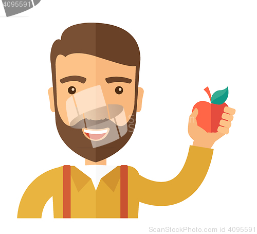 Image of Happy man holding a red apple.