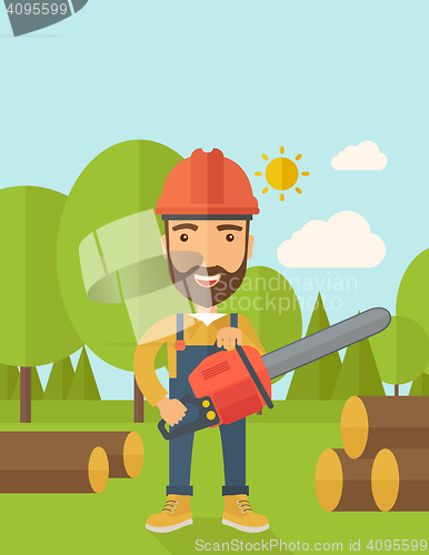 Image of Lumberjack cuts a tree by chainsaw