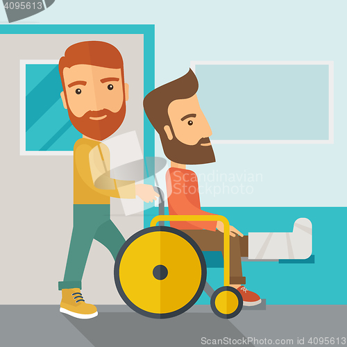 Image of Man pushing the wheelchair with broken leg patient.