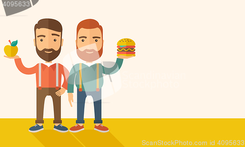 Image of Two businessmen comparing apple to hamburger.