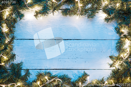 Image of Christmas and new year background with wooden light blue board