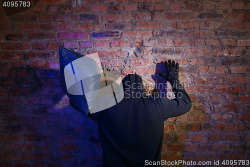 Image of Bandit with bag near wall