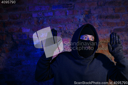Image of Surprised burglar standing against wall