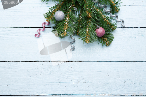 Image of Wooden surface closeup with Christmas decoration at the top