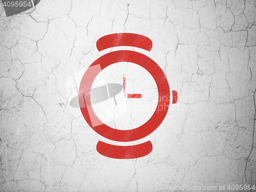 Image of Timeline concept: Watch on wall background