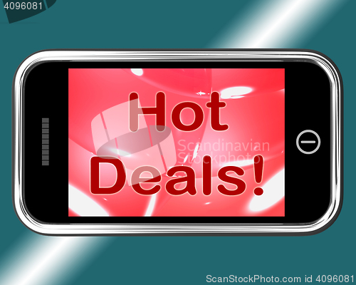 Image of Hot Deals Mobile Message Represents Discounts Online