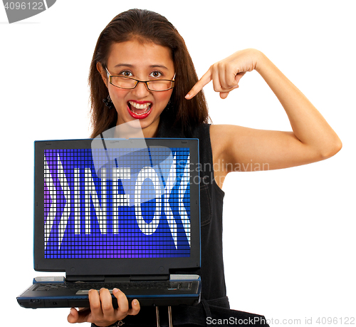 Image of Girl With Info Word On Screen Showing Information