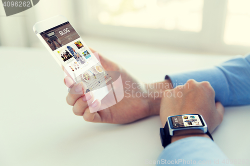 Image of close up of hands with smart phone and watch