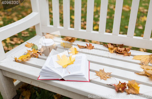 Image of open book and coffee cup on bench in autumn park