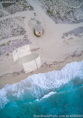 Image of Drone view of Old windmill ai Gyra beach, Lefkada 