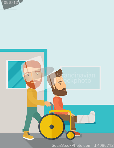 Image of Man pushing the wheelchair with broken leg patient.