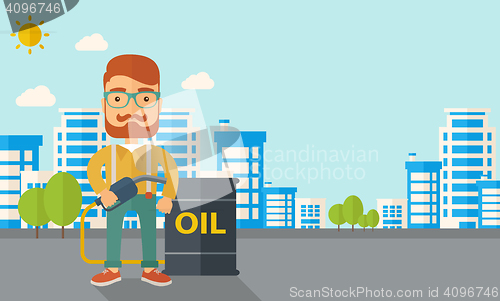 Image of Businessman with oil can and pump.