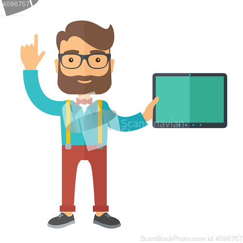 Image of Businessman holding tablet and smiling
