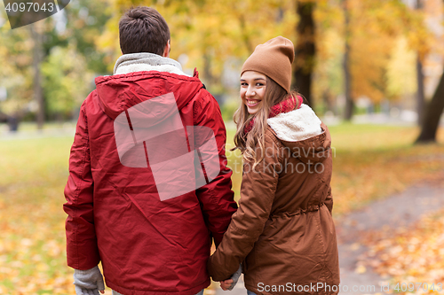 Image of happy young couple walking in autumn park