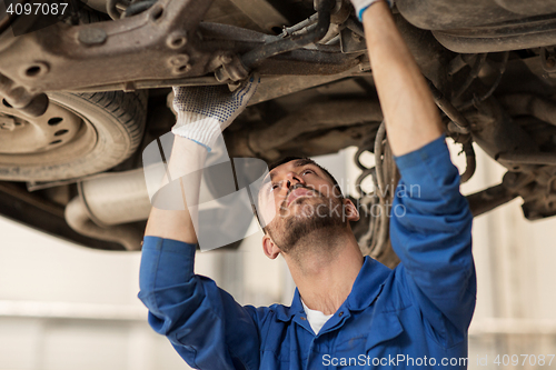 Image of mechanic man or smith repairing car at workshop