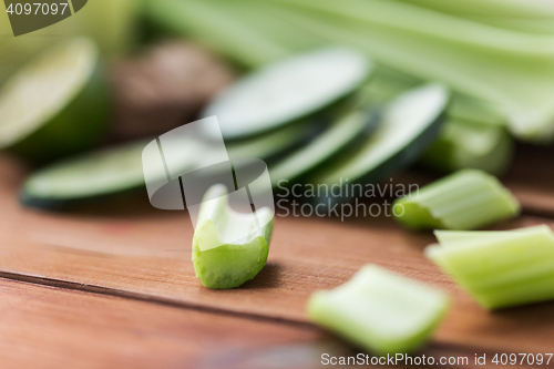 Image of close up of celery stems and sliced cucumber