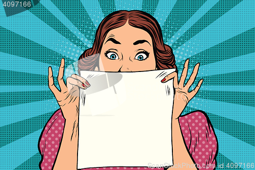 Image of Surprised beautiful retro woman, square white sheet of paper