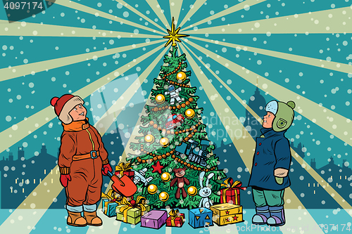 Image of Children stand near the Christmas tree, retro background