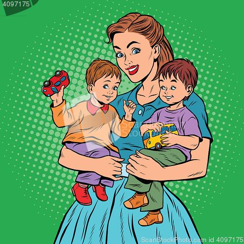 Image of Young retro mom with two children boys