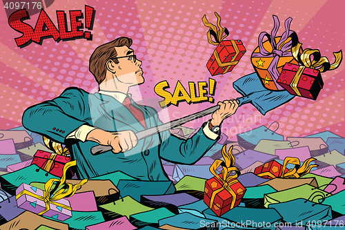 Image of Businessman and sales season, retro man with a shovel is among t