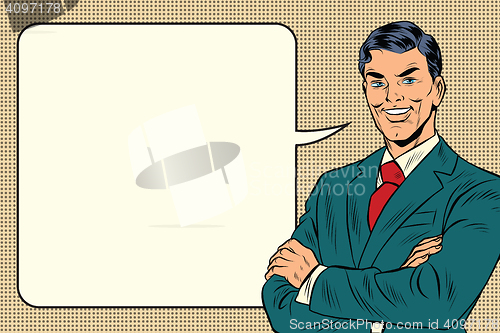 Image of successful retro businessman, comic bubble