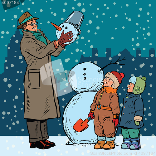 Image of Children and male mold snowman