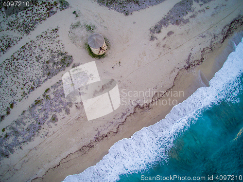 Image of Drone view of Old windmill ai Gyra beach, Lefkada 