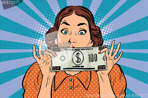 Image of Surprised beautiful retro woman, banknote hundred dollars