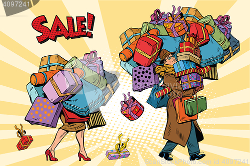 Image of Holiday sales, a couple man and woman with shopping