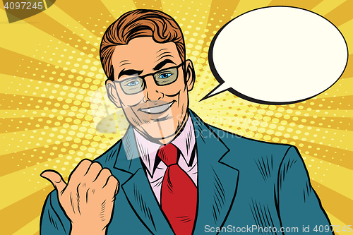 Image of Smiling businessman showing big finger to the left