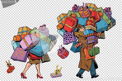 Image of Holiday sales, a couple man and woman with shopping