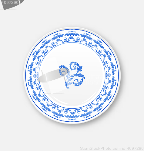 Image of White plate with russian national ornament in gzhel style, empty