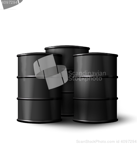 Image of Three Realistic Black Metal of Oil Barrels Isolated 