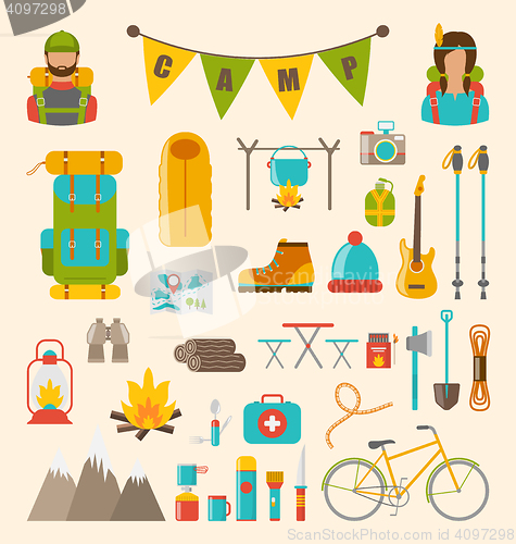 Image of Collection of Camping and Hiking Equipment, Colorful Symbols and Icons Isolated