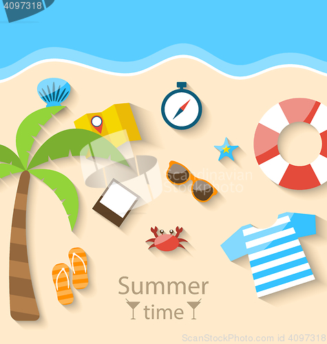 Image of Summer Time Background with Flat Set Colorful Simple Icons on th