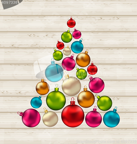 Image of Christmas tree made of colorful balls on wooden background 