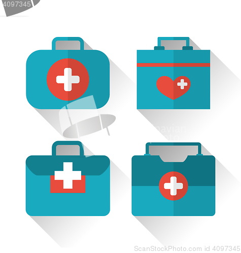 Image of Set icons of medicine chest with long shadow in flat style