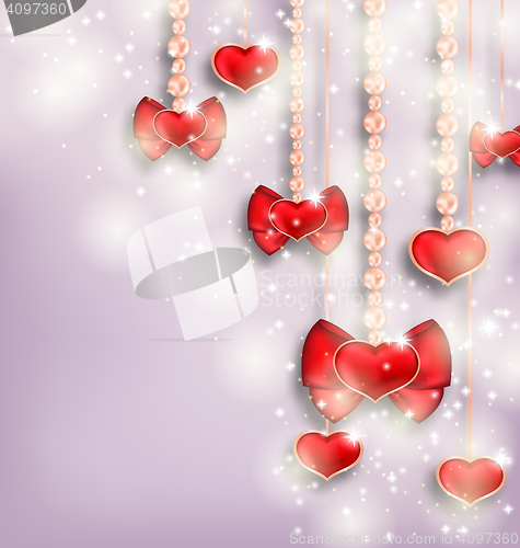 Image of Glowing background with hanging hearts for Valentine Day, copy s