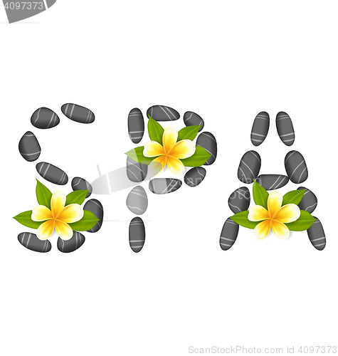 Image of Lettering Spa Made of Pebbles and Frangipani Flowers, Isolated o