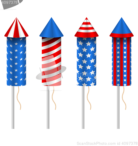 Image of Set of Pyrotechnic Rockets, with Traditional American Design for Fourth of July