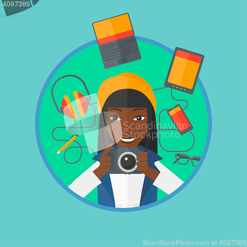 Image of Young woman surrounded with her gadgets.