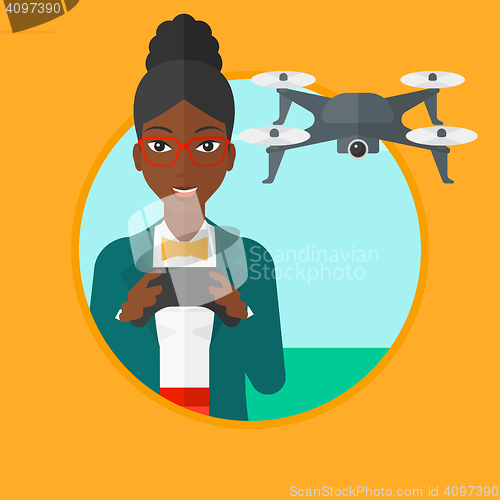 Image of Woman flying drone vector illustration.