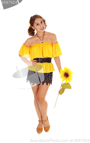 Image of Beautiful woman with one sunflowers.